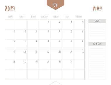 Vektör takvim basit temiz tablo stili gol ile ve Liste Kutusu'na 2019 (Mayıs); Tam 21 x 16 cm boyut; Pazar günü hafta Başlat