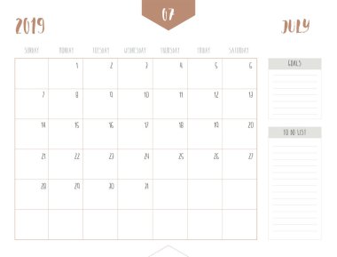 Takvim basit temiz tablo stili gol ile ve Liste Kutusu'na 2019 (Temmuz) vektör; Tam 21 x 16 cm boyut; Pazar günü hafta Başlat