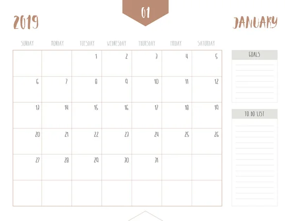 Vector Del Calendario 2019 Enero Estilo Tabla Limpia Simple Con — Archivo Imágenes Vectoriales