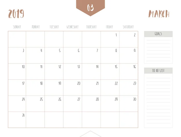 Kalendervektor 2019 März Einfachen Sauberen Tischstil Mit Zielen Und List — Stockvektor