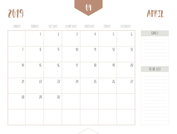 Kalendervektor 2019 April Einfachen Sauberen Tischstil Mit Zielen Und List — Stockvektor