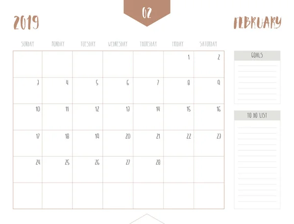 Vector Del Calendario 2019 Febrero Estilo Tabla Limpia Simple Con — Archivo Imágenes Vectoriales