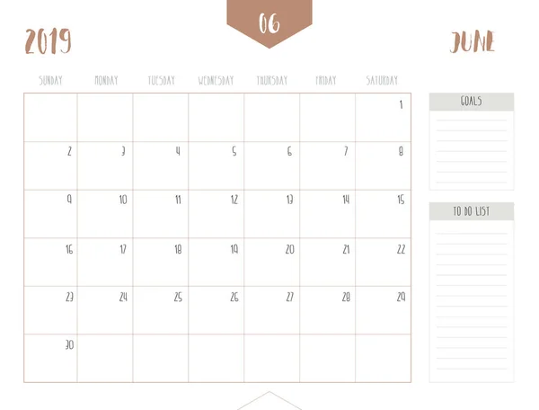 Vector Del Calendario 2019 Junio Estilo Tabla Limpia Simple Con — Vector de stock