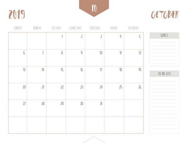 Vector Del Calendario 2019 Octubre Estilo Tabla Limpia Simple Con — Vector de stock