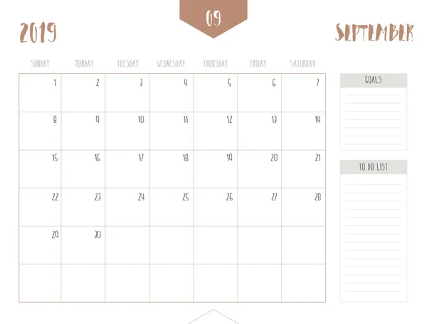 Vector Calendar 2019 September Simple Clean Table Style Goals List — Stock Vector