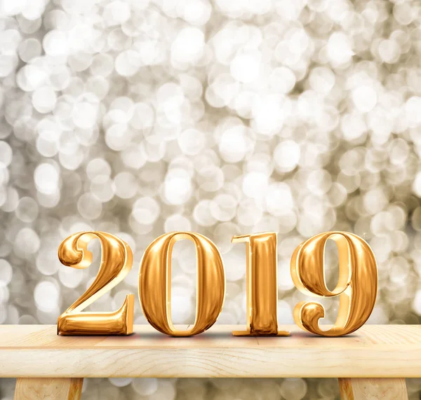 Happy New Year 2019 Rendering Gold Glossy Modern Wood Table — Stok Foto