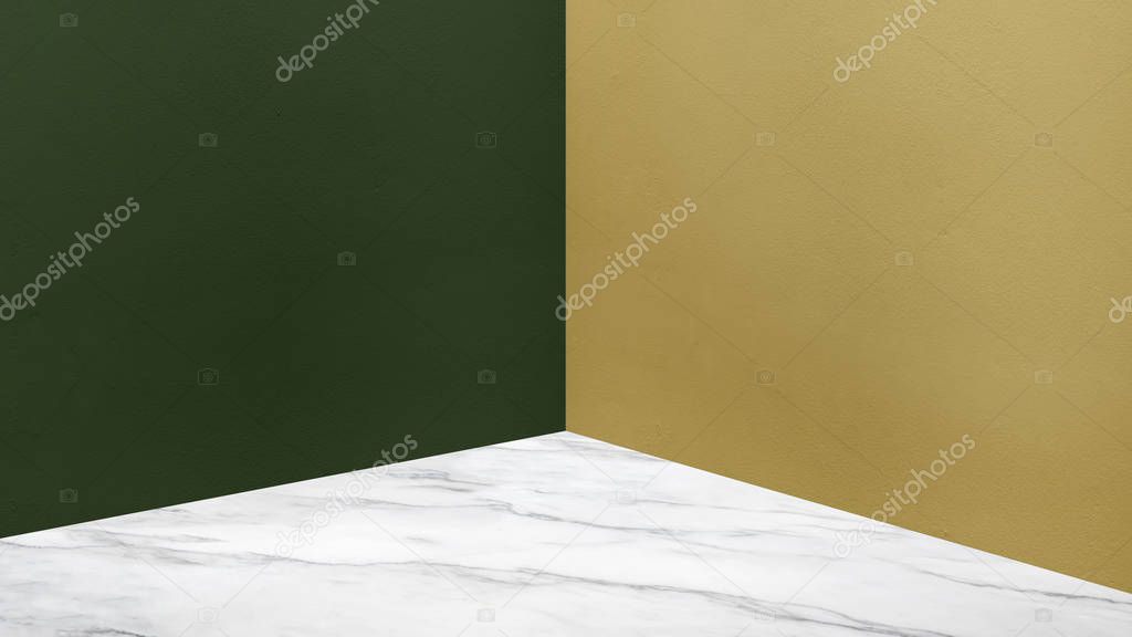 Empty corner dark green and mustard yellow concrete wall and  white marble floor perspective room,Modern style room,Mock up for display of product,business presentation