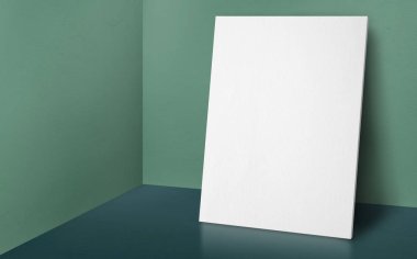 Poster köşe soluk yeşil duvar ve koyu yeşil zemin Stüdyo Oda arka plan ile alay kadar stüdyo ekran veya reklam medya, iş sunumu için ürünün montaj için boş.