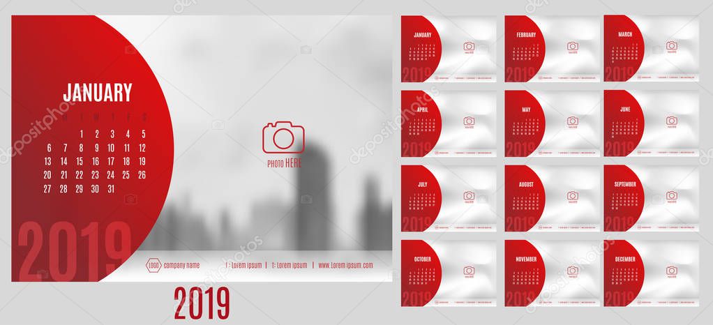 Vector of Calendar 2019 year with 12 month calendar with modern style,week start at Sunday,Template for place your photo