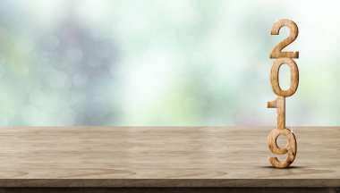 2019 tahta numarası (3d render) bulanıklık Soyut Yeşil bokeh, ahşap masa üzerinde arka plan, ekran veya ürün, montaj için afiş yer sahte yeni yıl kutlama tebrik kartı tatil