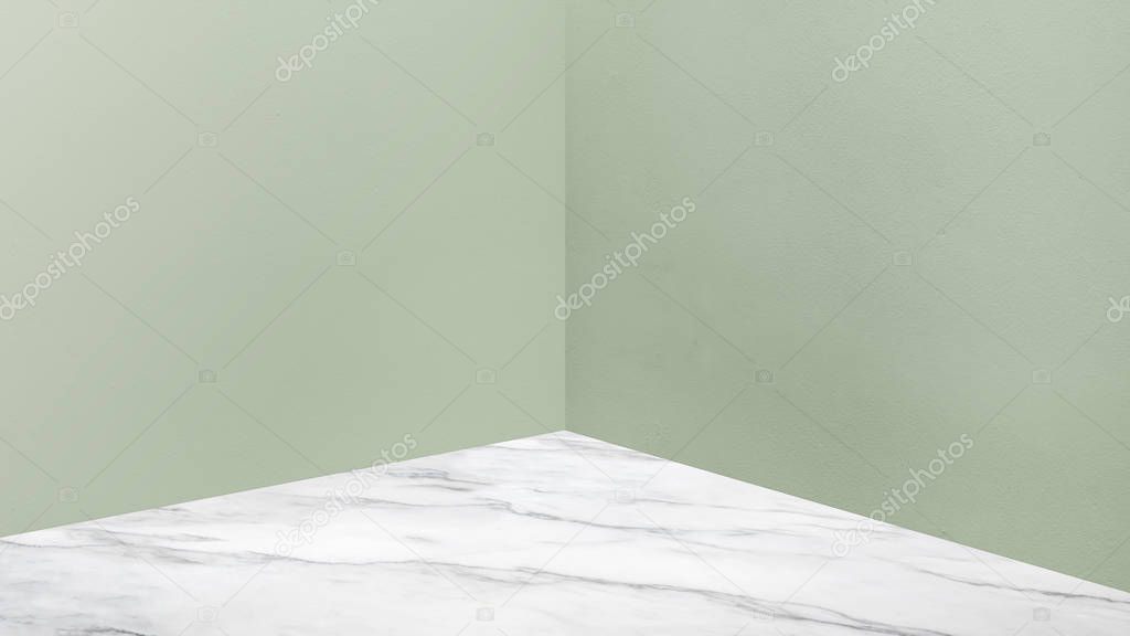 Empty corner pale green concrete wall and  white marble floor perspective room,Modern style room,Mock up for display of product,business presentation