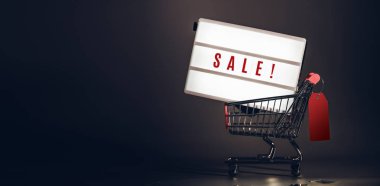 Satılık ışık kutusu karanlık Stüdyo Oda afiş boyutu fiyat etiketi ile alışveriş arabası. Tasarım için teşvik iş kampanya satırındaki veya sahte üstbilgi kadar bırakın alanı metin eklemek için