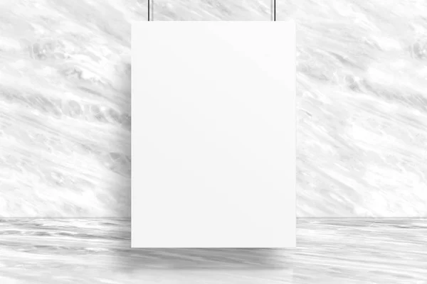 Blank Poster Hanging Studio Room Marble Wall Floor Background Mock — Stock Photo, Image