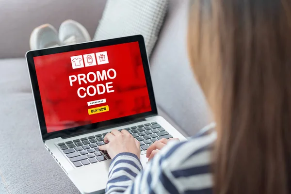 Close Woman Shopping Online Promo Code Laptop Add Cart Function — стоковое фото