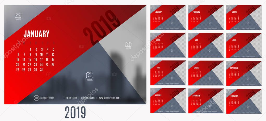 Vector of Calendar New year 2019 with 12 month calendar with modern red and blue triangle style,week start at Sunday,Template for place your photo.