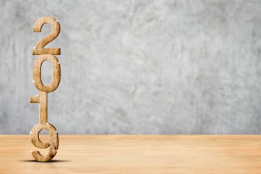 Mutlu yeni yıl 2019 tahta (3d render) perspektif ahşap zemin ve beton duvar Oda, tatil kavramı, bırak alanı görüntülemek için ürünün promosyon reklam. Tatil afiş kadar sahte