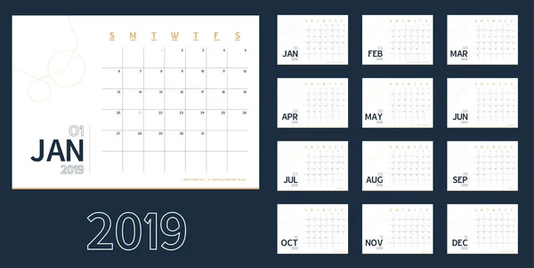 Vektor Des Neuen Jahres 2019 Kalender Sauberen Minimalen Blauen Tabelle — Stockvektor