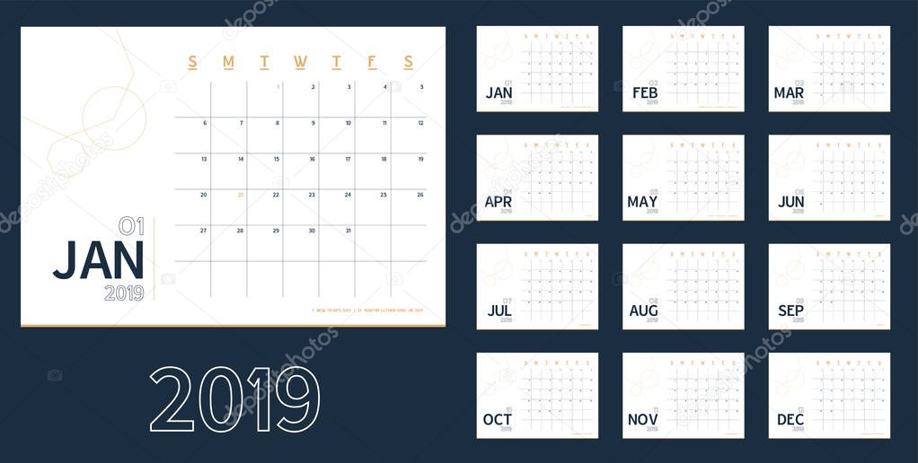 Vector of 2019 new year calendar in clean minimal blue table simple style,Holiday event planner,Week Starts Sunday.include holiday event.A5 size