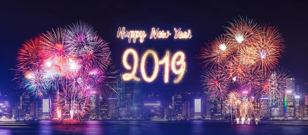Felice Anno Nuovo 2019 Fuochi Artificio Sulla Costruzione Del Paesaggio — Foto Stock