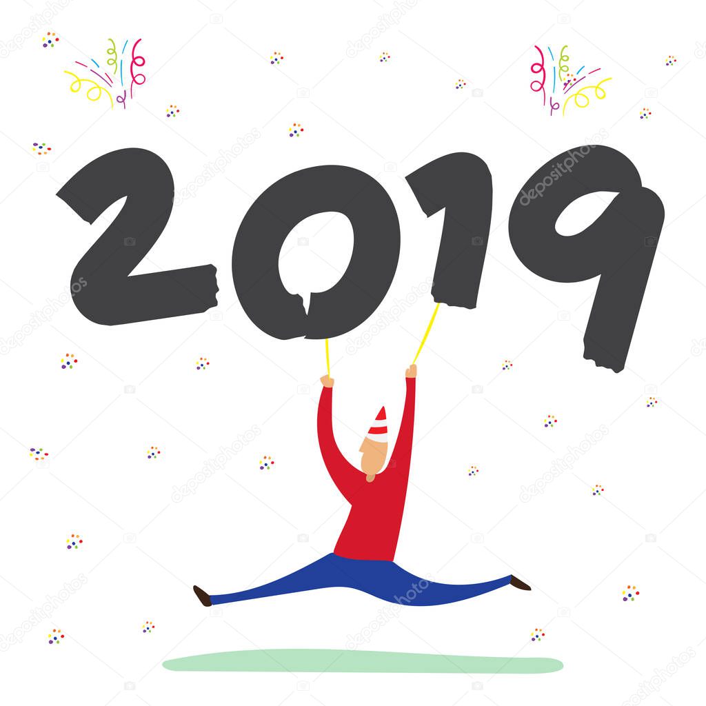Vector of Man dancing and holding 2019 happy new year balloon with party colorful on white background, Doodle style Holiday decoration greeting card.