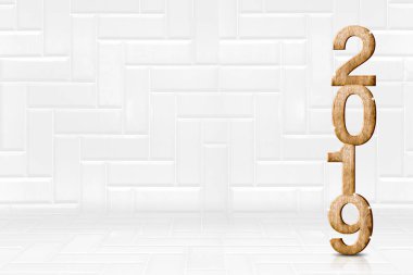 Mutlu yeni yıl 2019 (3d render) perspektif beyaz çini stüdyo oda tasarım veya içerik görüntülemek için boşluk bırakın