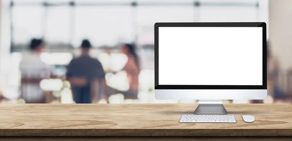 Ordenador Escritorio Blanco Pantalla Mesa Madera Con Gente Borrosa Que — Foto de Stock