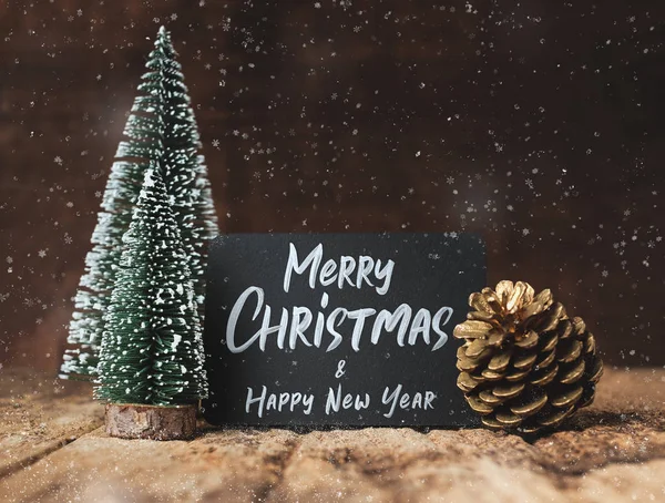 Merry Christmas Happy New Year Blackboard Xmas Tree Gold Pine — Stock Photo, Image