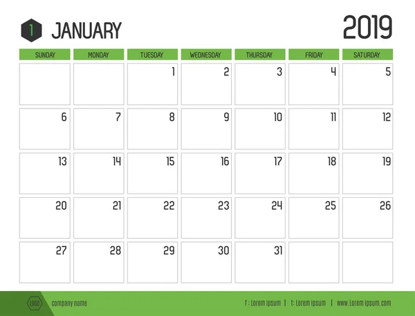 Вектор Современного Зеленого Календаря 2019 Январь Простом Чистом Стиле Стола — стоковый вектор