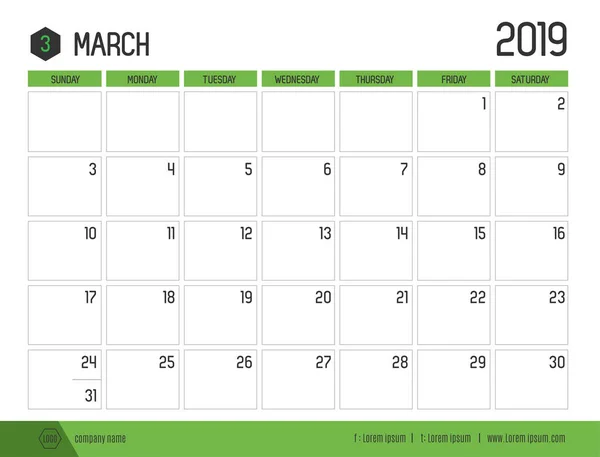 Vector Del Calendario Verde Moderno 2019 Marzo Estilo Tabla Limpia — Vector de stock