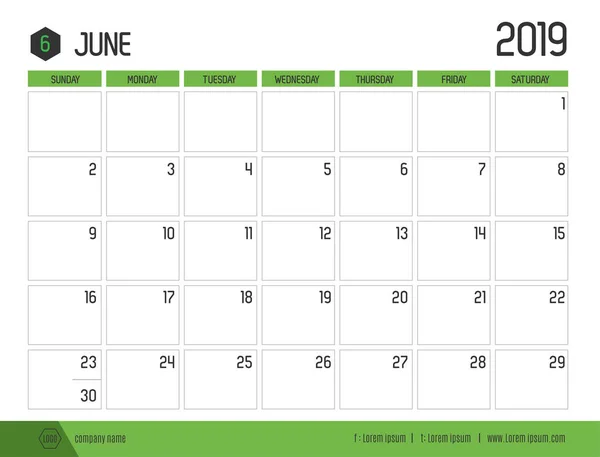 Vecteur Calendrier Vert Moderne 2019 Juin Style Table Épuré Simple — Image vectorielle