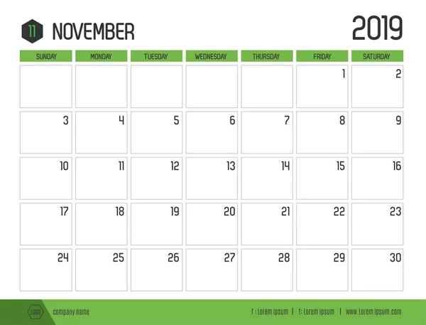 Вектор Современного Зеленого Календаря 2019 Ноябрь Простом Чистом Стиле Стола — стоковый вектор