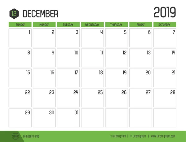 Вектор Современного Зеленого Календаря 2019 Декабрь Простом Чистом Стиле Стола — стоковый вектор