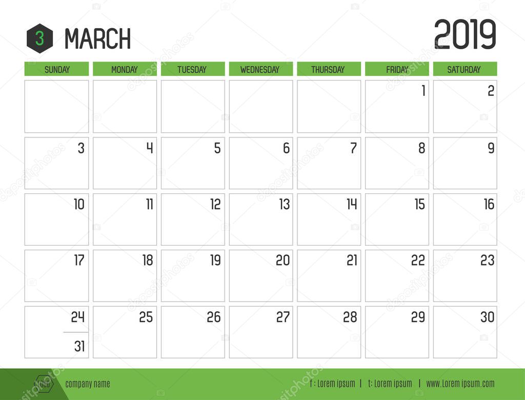 Vector of modern green calendar 2019 ( March ) in simple clean table style.full size 21 x 16 cm; Week start on Sunday
