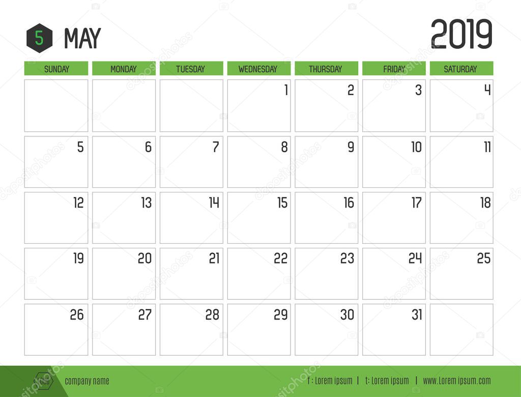 Vector of modern green calendar 2019 ( May ) in simple clean table style.full size 21 x 16 cm; Week start on Sunday