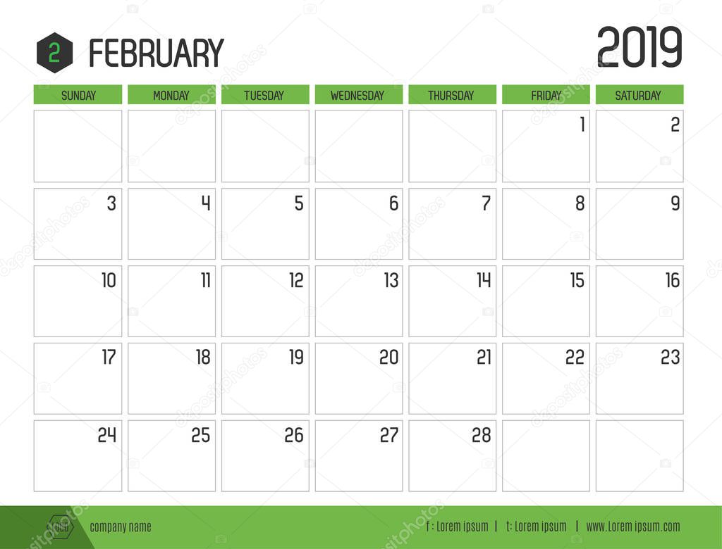 Vector of modern green calendar 2019 ( February ) in simple clean table style.full size 21 x 16 cm; Week start on Sunday