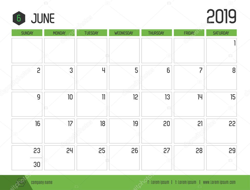 Vector of modern green calendar 2019 ( June ) in simple clean table style.full size 21 x 16 cm; Week start on Sunday