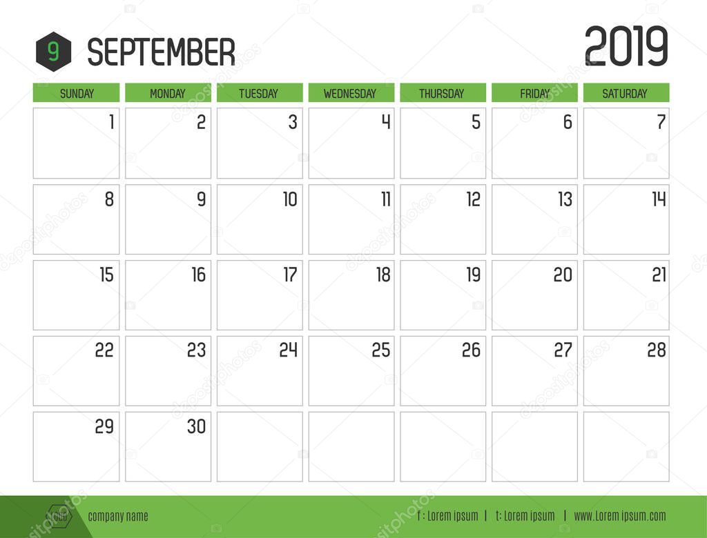 Vector of modern green calendar 2019 ( September ) in simple clean table style.full size 21 x 16 cm; Week start on Sunday