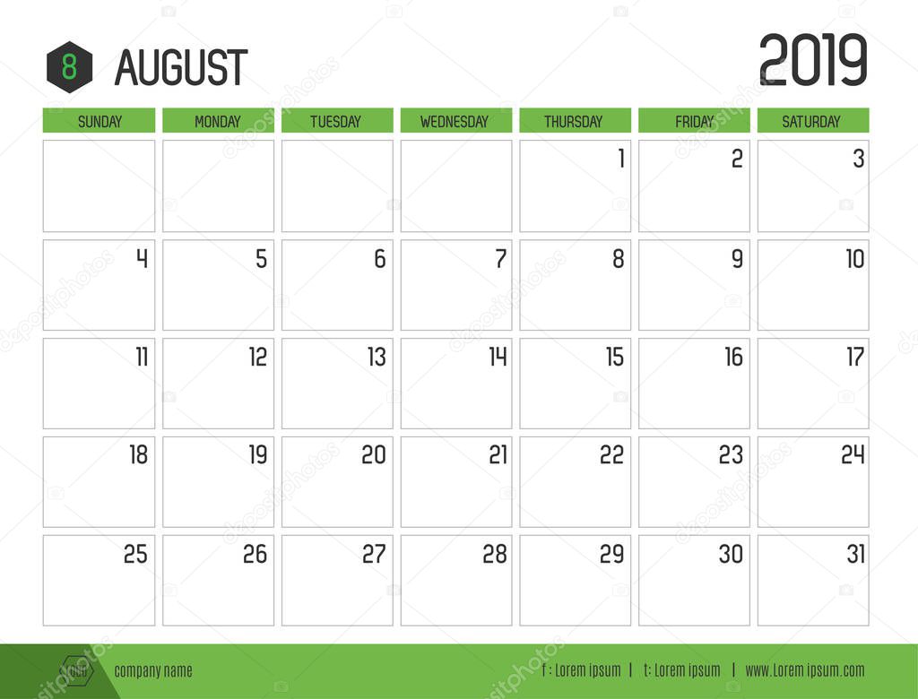 Vector of modern green calendar 2019 ( August ) in simple clean table style.full size 21 x 16 cm; Week start on Sunday