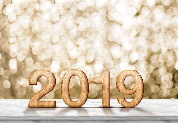 Gelukkig Nieuwjaar 2019 Rendering Grijs Marmeren Tafel Bij Gouden Schittering — Stockfoto