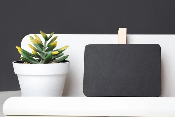 Black clip blackboard on modern pencil box and green plant in white pot on table and dark grey wall in office desk,mock up space for display of design or text