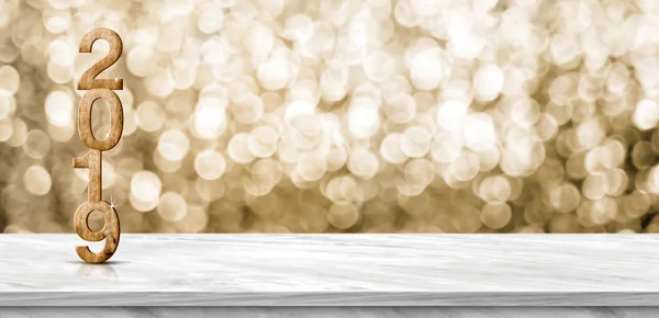 Gott Nytt 2019 Rendering Grå Marmor Bord Guld Glitter Bokeh — Stockfoto