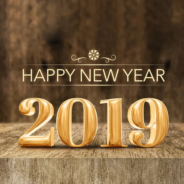 Gouden Shiny Happy New Year 2019 Rendering Houten Tafel Onscherpte — Stockfoto