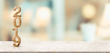 Mutlu yeni yıl 2019 soluk yumuşak bokeh duvar, mermer masada görüntü veya tatil promosyon için ürünün montaj için afiş ve çevrimiçi içerik için reklam.