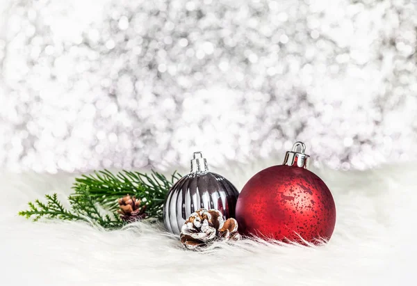 Christmas Decoration Ball White Fur Silver Bokeh Light Background Holiday — Stock Photo, Image