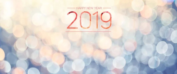 Feliz Año Nuevo 2019 Banner Con Amarillo Pálido Azul Bokeh —  Fotos de Stock