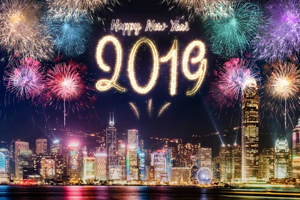 Felice Anno Nuovo 2019 Fuochi Artificio Sulla Costruzione Del Paesaggio — Foto Stock