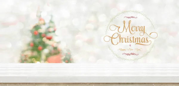 Merry Christmas Happy New Year Wreath White Wood Table Top — Stock Photo, Image