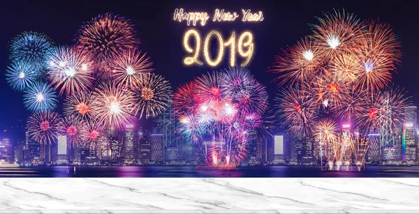 Felice Anno Nuovo 2019 Fuochi Artificio Sul Paesaggio Urbano Notte — Foto Stock