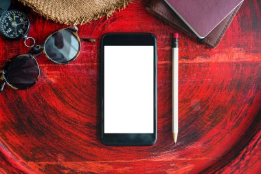 yaz tatili natürmort,Cep telefonu seti, pasaport, defter, güneş