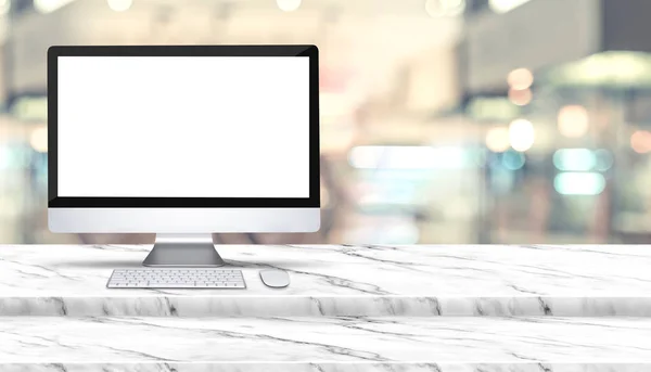 Üres képernyő-ból iskolapad számítógép-ra lép fehér márvány asztal-val — Stock Fotó